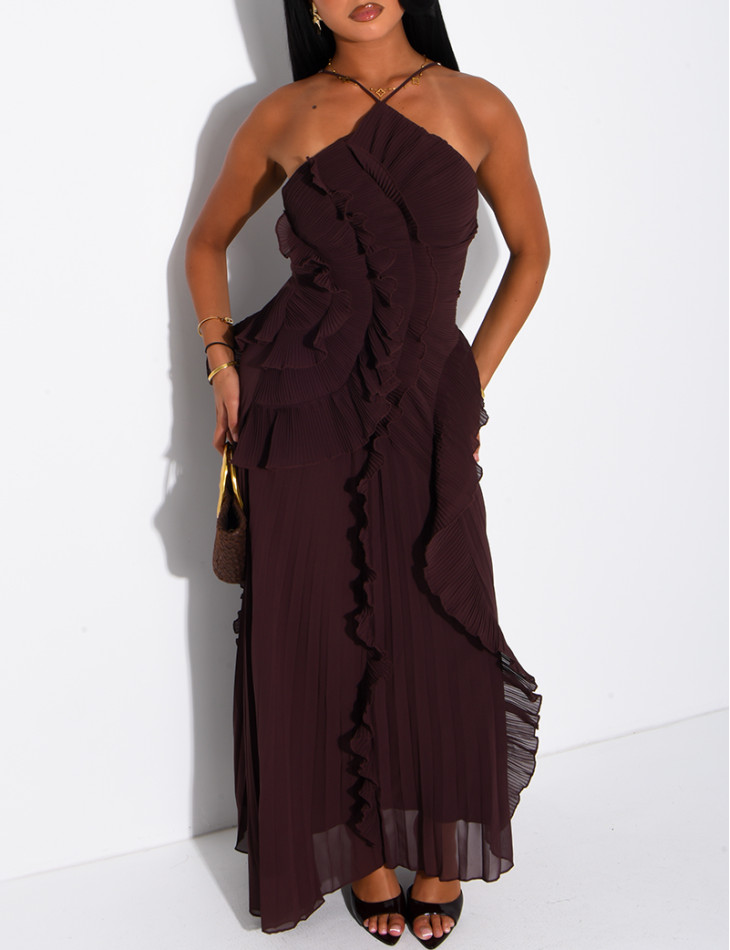 Langes, rückenfreies, plissiertes Kleid mit Volants