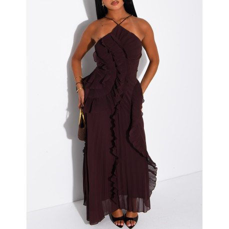 Langes, rückenfreies, plissiertes Kleid mit Volants