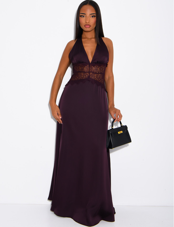 Long satin dress with lace inserts