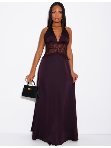 Long satin dress with lace inserts