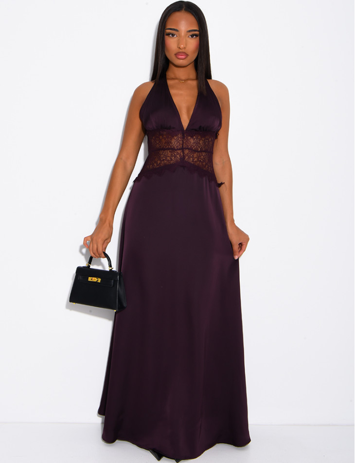Long satin dress with lace inserts