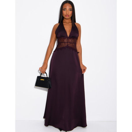 Long satin dress with lace inserts