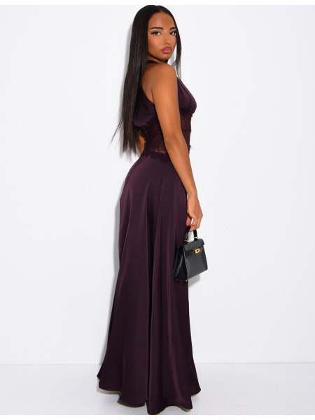 Long satin dress with lace inserts
