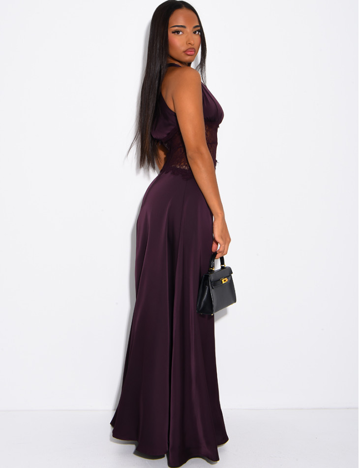 Long satin dress with lace inserts