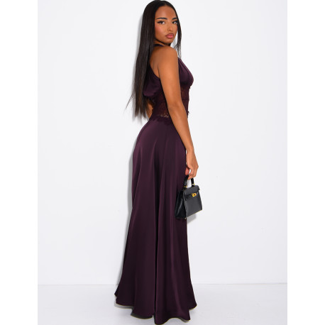 Long satin dress with lace inserts