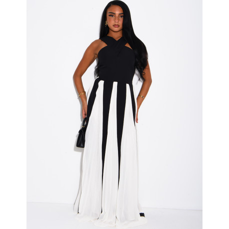 Robe longue à empiècements en voile contrastant et col croisé