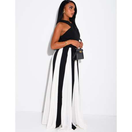 Robe longue à empiècements en voile contrastant et col croisé