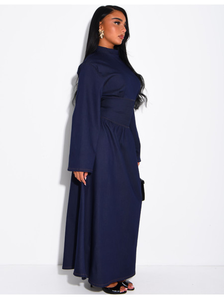 Long denim dress with a high neckline and a tie-back detail