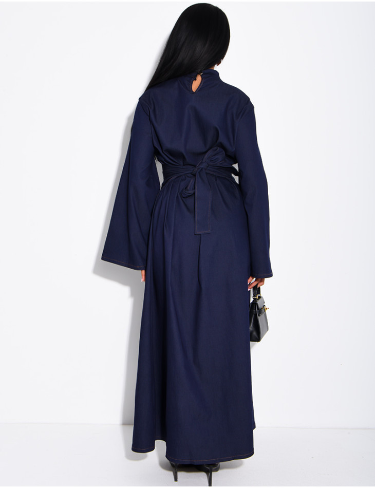 Long denim dress with a high neckline and a tie-back detail