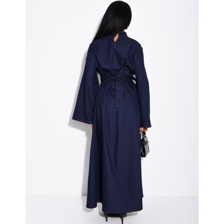 Long denim dress with a high neckline and a tie-back detail