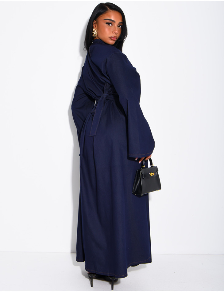 Long denim dress with a high neckline and a tie-back detail