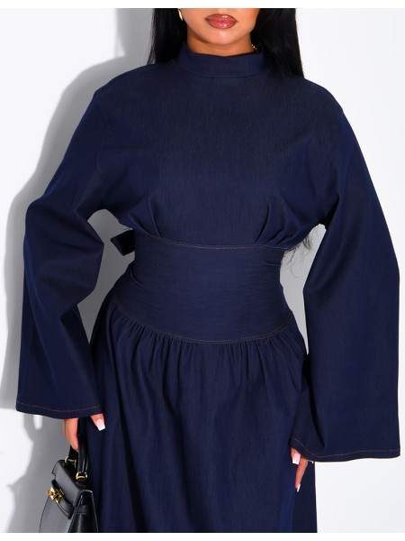 Long denim dress with a high neckline and a tie-back detail