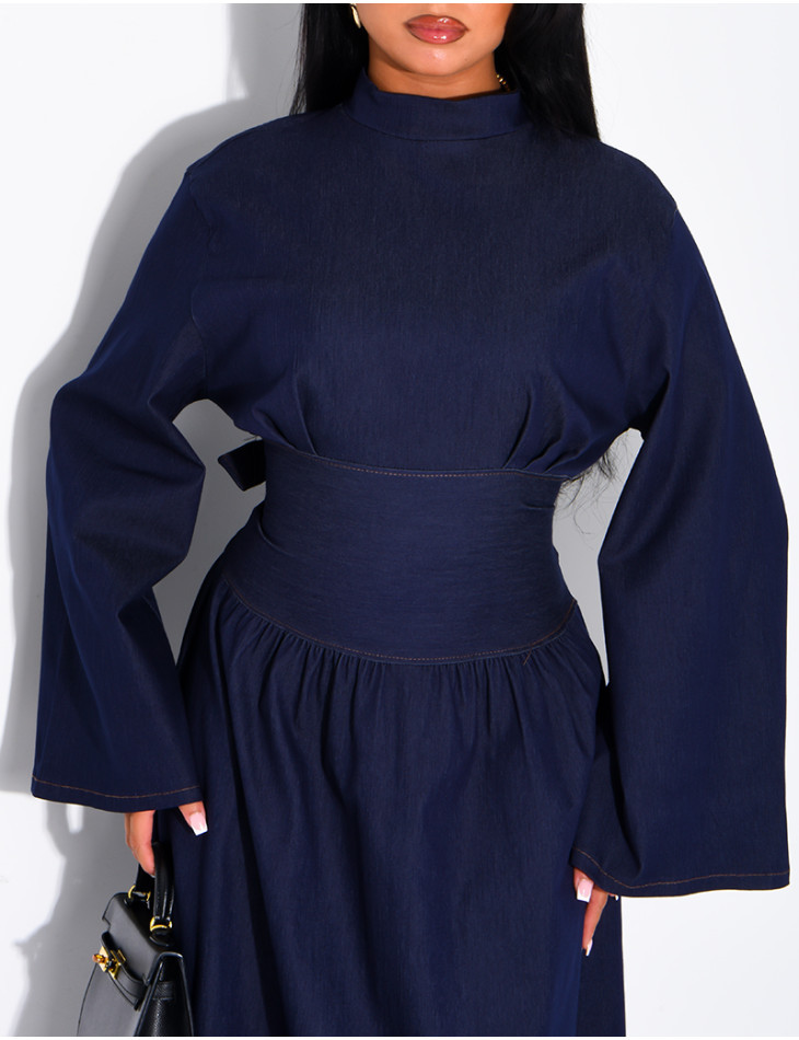 Long denim dress with a high neckline and a tie-back detail