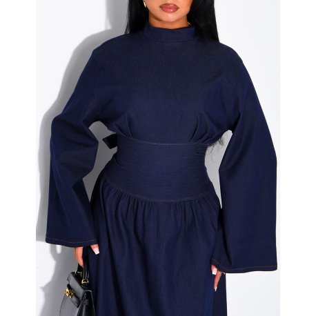 Long denim dress with a high neckline and a tie-back detail