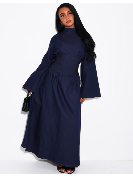 Long denim dress with a high neckline and a tie-back detail