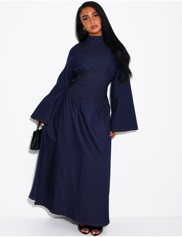 Long denim dress with a high neckline and a tie-back detail