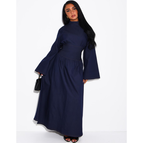 Long denim dress with a high neckline and a tie-back detail
