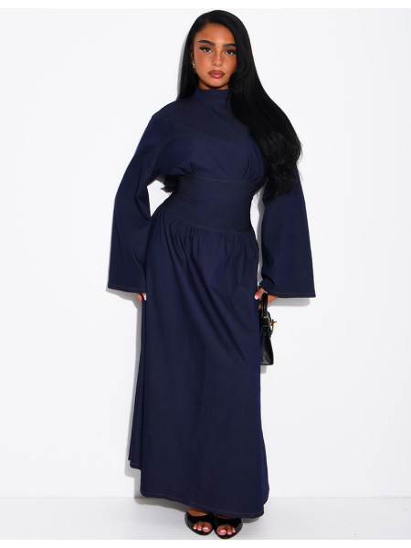 Long denim dress with a high neckline and a tie-back detail