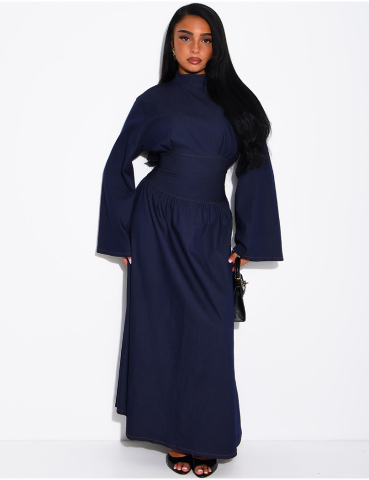 Long denim dress with a high neckline and a tie-back detail