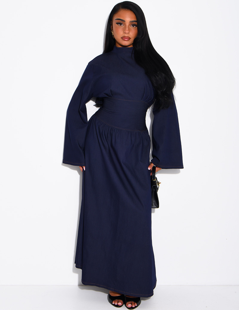 Long denim dress with a...