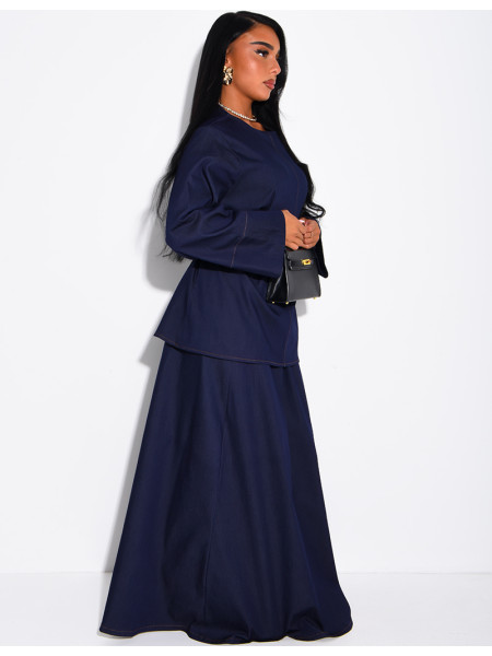 Denim set comprising a long skirt and a tunic that ties at the back