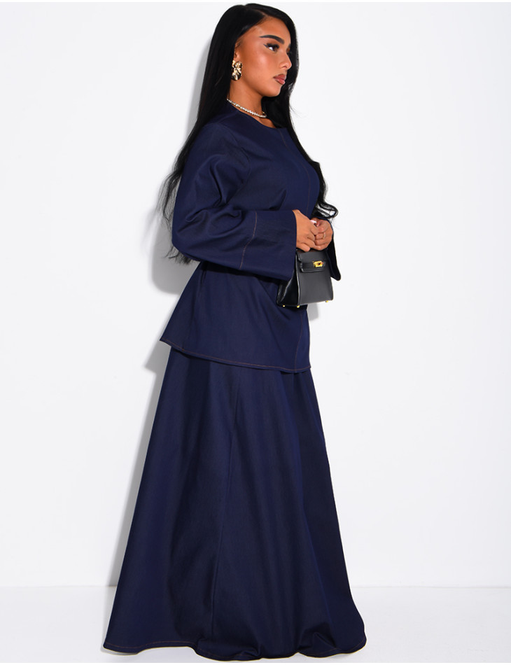 Denim set comprising a long skirt and a tunic that ties at the back