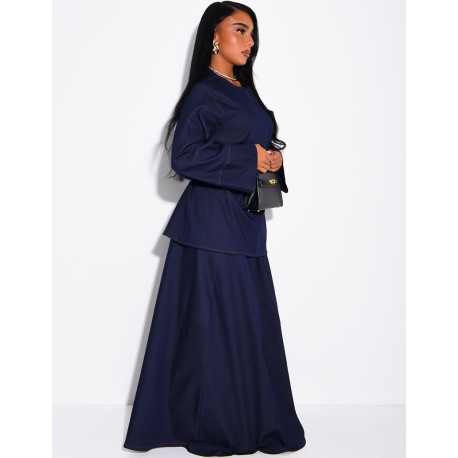 Denim set comprising a long skirt and a tunic that ties at the back