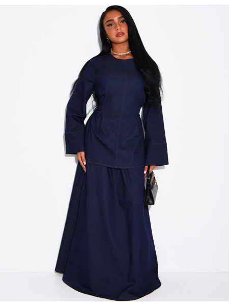 Denim set comprising a long skirt and a tunic that ties at the back