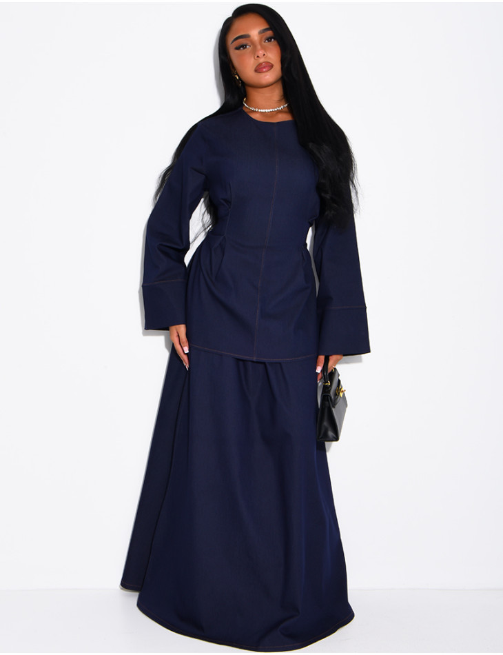 Denim set comprising a long skirt and a tunic that ties at the back