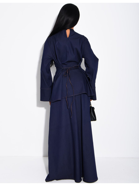 Denim set comprising a long skirt and a tunic that ties at the back