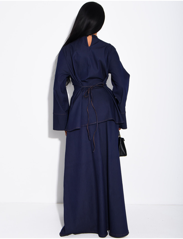Denim set comprising a long skirt and a tunic that ties at the back