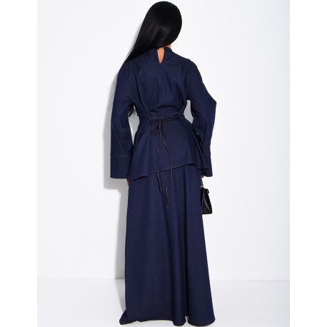 Denim set comprising a long skirt and a tunic that ties at the back