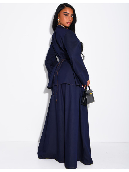 Denim set comprising a long skirt and a tunic that ties at the back