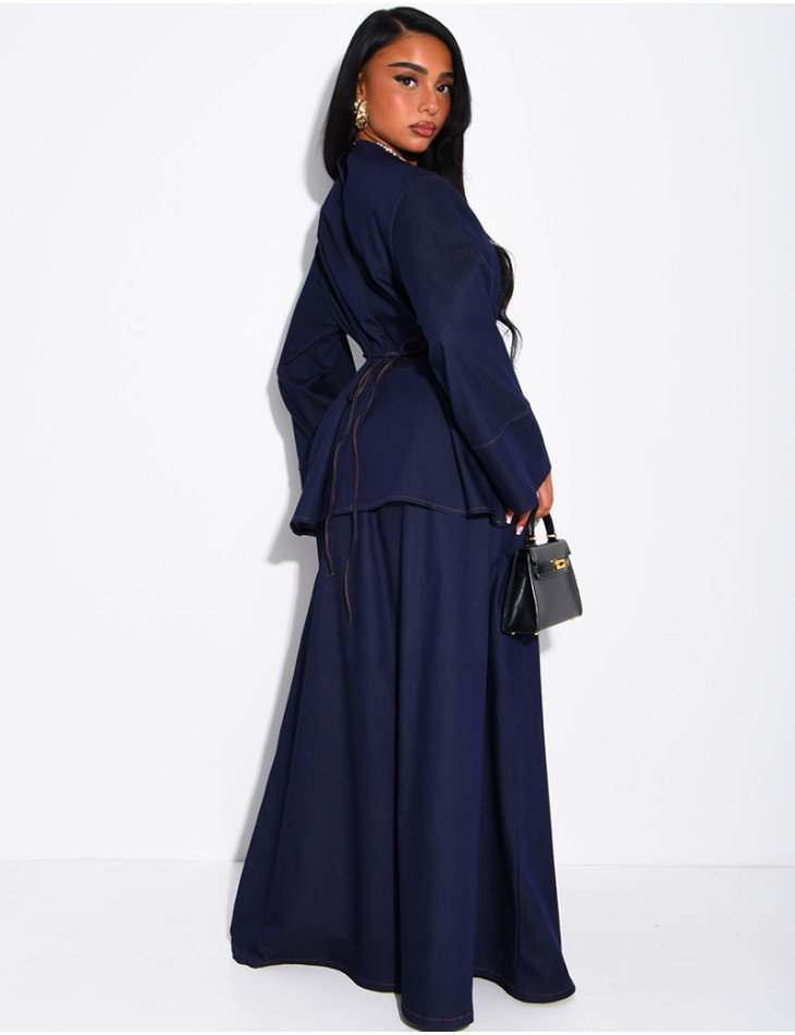 Denim set comprising a long skirt and a tunic that ties at the back