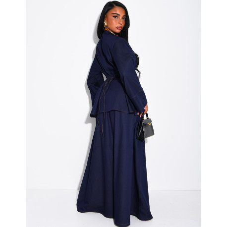 Denim set comprising a long skirt and a tunic that ties at the back