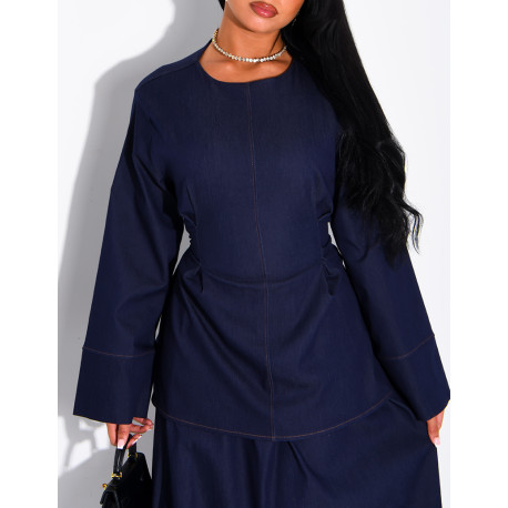 Denim set comprising a long skirt and a tunic that ties at the back