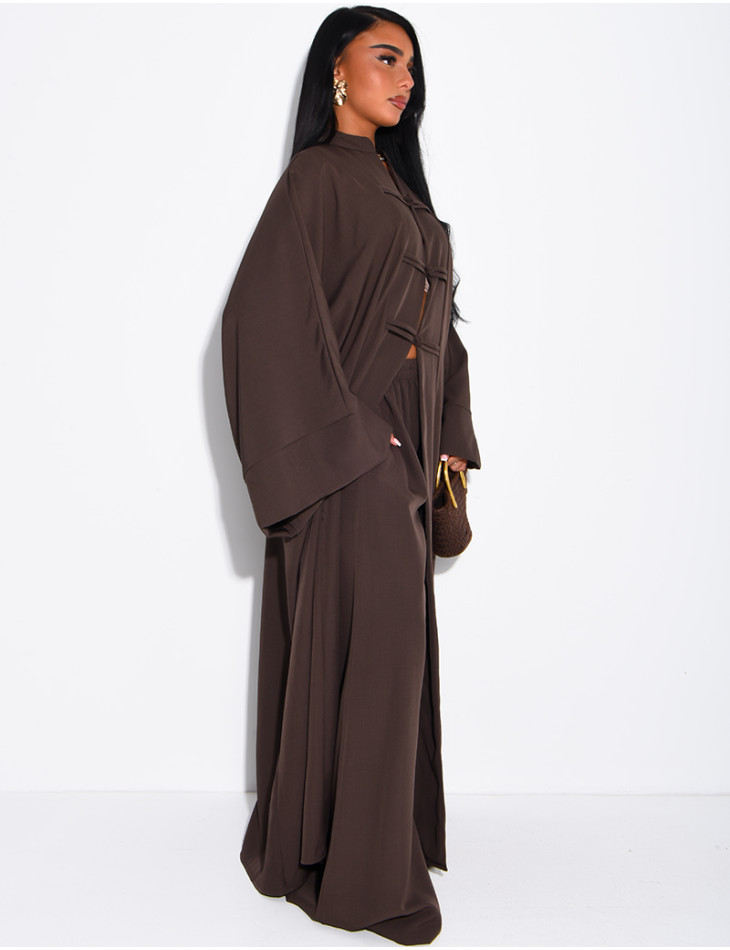 Set comprising trousers and a long tunic with Asian-style fastenings