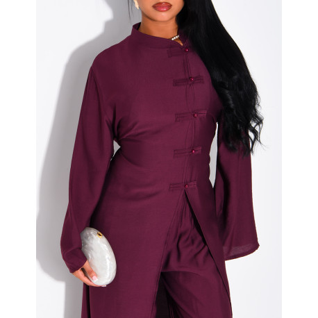 Ensemble effet lin pantalon large et tunique à boutons style asiatique