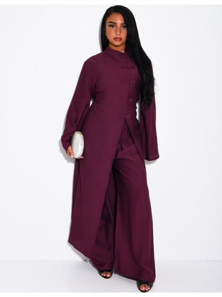 Ensemble effet lin pantalon large et tunique à boutons style asiatique