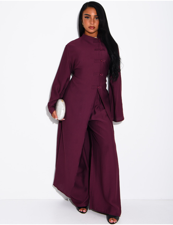 Ensemble effet lin pantalon large et tunique à boutons style asiatique