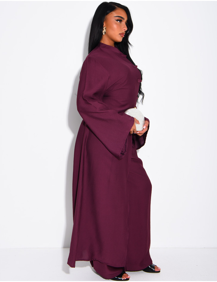 Ensemble effet lin pantalon large et tunique à boutons style asiatique
