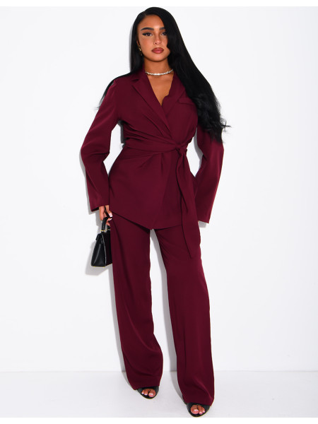 Fitted tie-front blazer and straight-leg trousers suit set