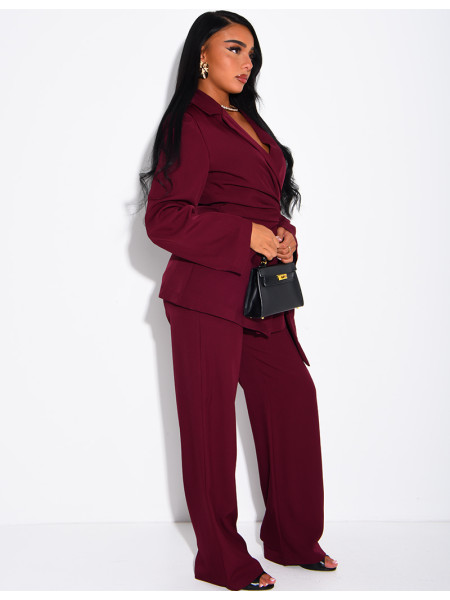 Fitted tie-front blazer and straight-leg trousers suit set