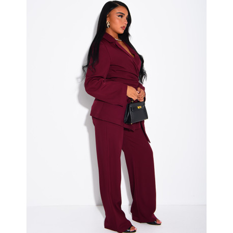 Fitted tie-front blazer and straight-leg trousers suit set