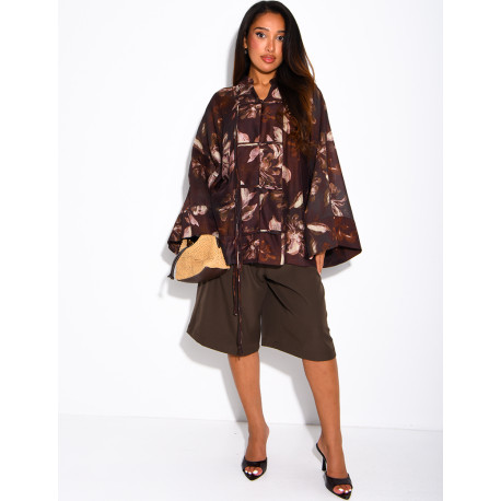 Blouse oversize en voile imprimé à boutons style asiatique