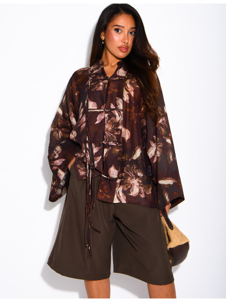 Blouse oversize en voile imprimé à boutons style asiatique