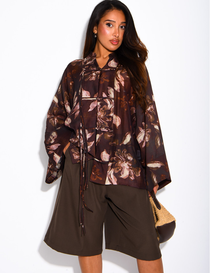 Blouse oversize en voile imprimé à boutons style asiatique