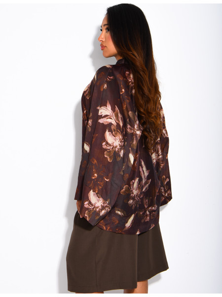 Blouse oversize en voile imprimé à boutons style asiatique