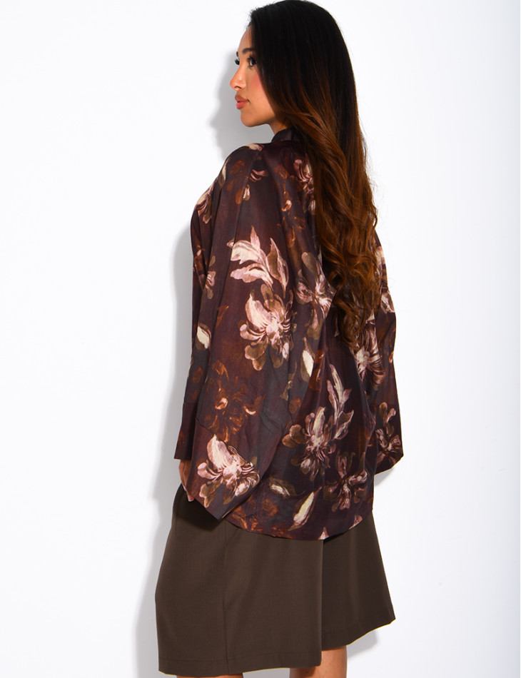 Blouse oversize en voile imprimé à boutons style asiatique