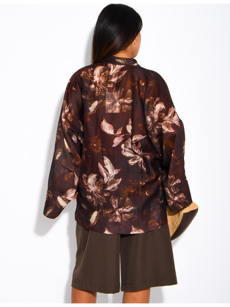 Blouse oversize en voile imprimé à boutons style asiatique